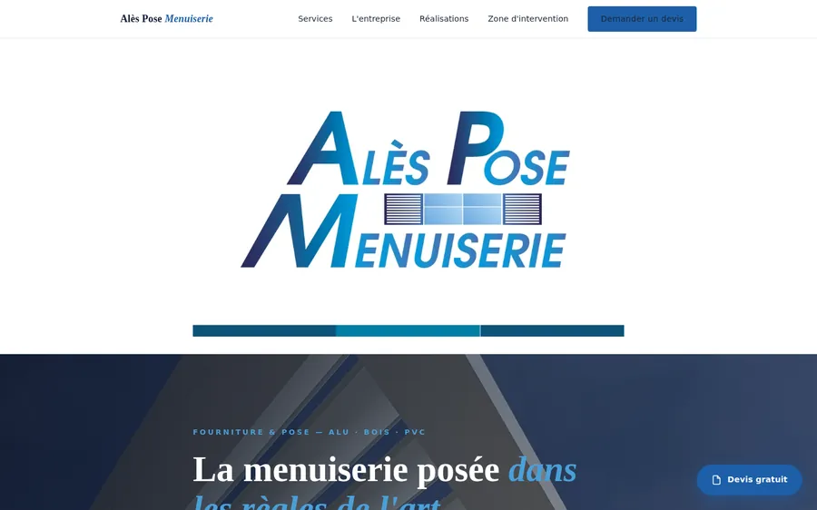 Page d'accueil du site Alès Pose Menuiserie réalisé par Kortex Systèmes